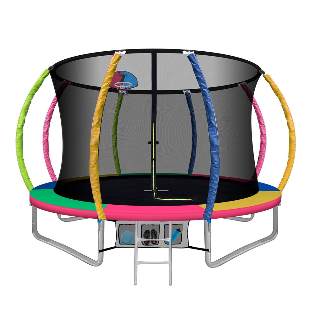 Kids Outdoor Round Trampoline with Basketball Hoop Enclosure Safety Net Pad 10FT - Multi Coloured