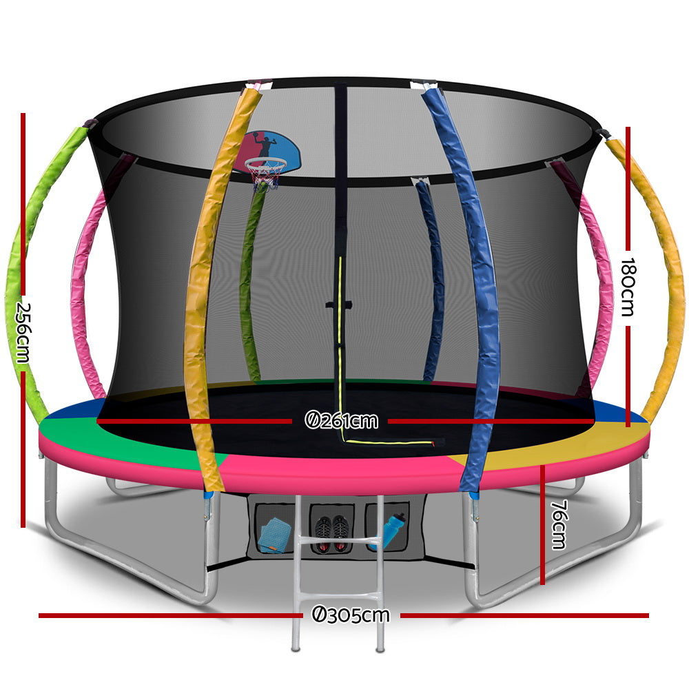 Kids Outdoor Round Trampoline with Basketball Hoop Enclosure Safety Net Pad 10FT - Multi Coloured