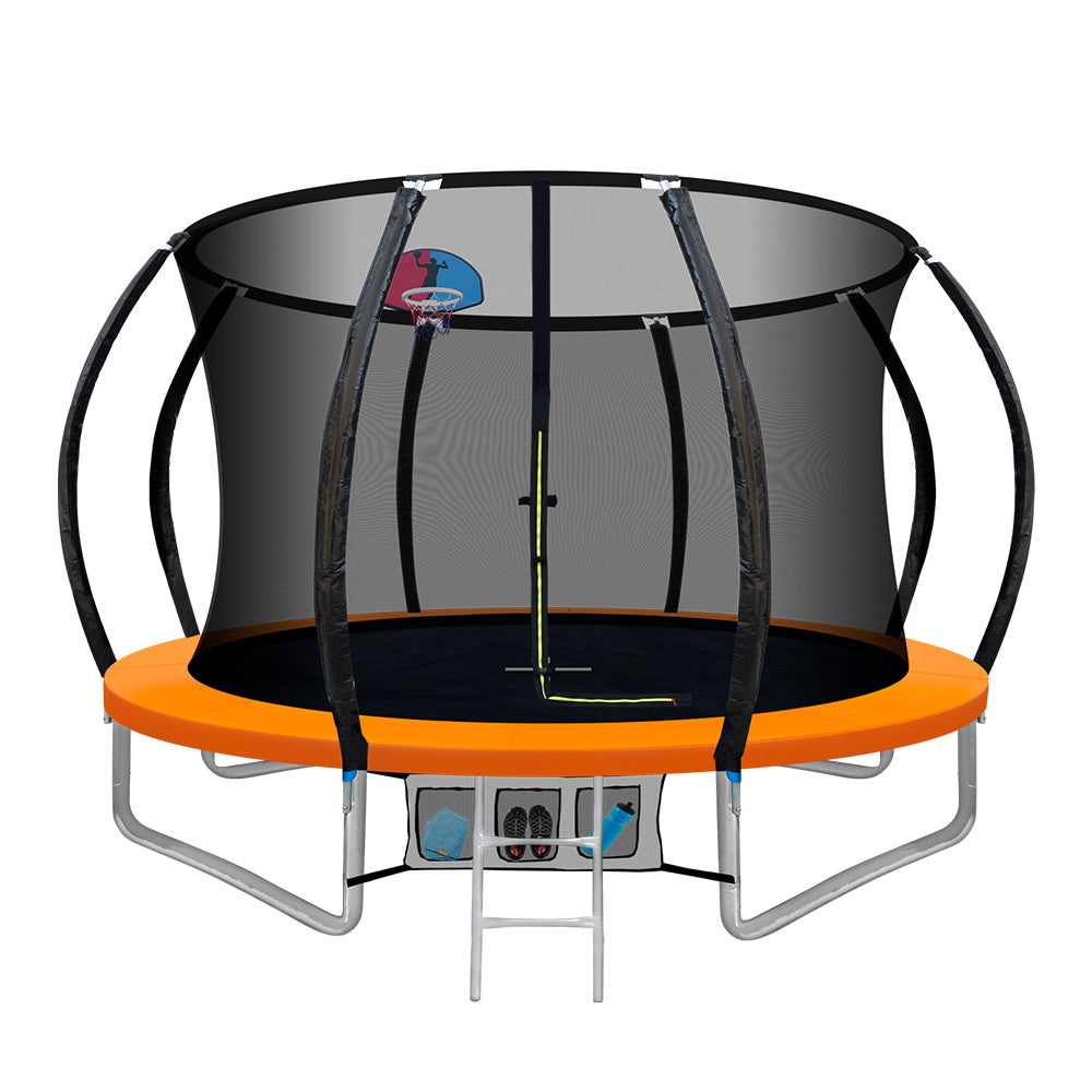 Kids Outdoor Round Trampoline with Basketball Hoop Enclosure Safety Net Pad 10FT - Orange