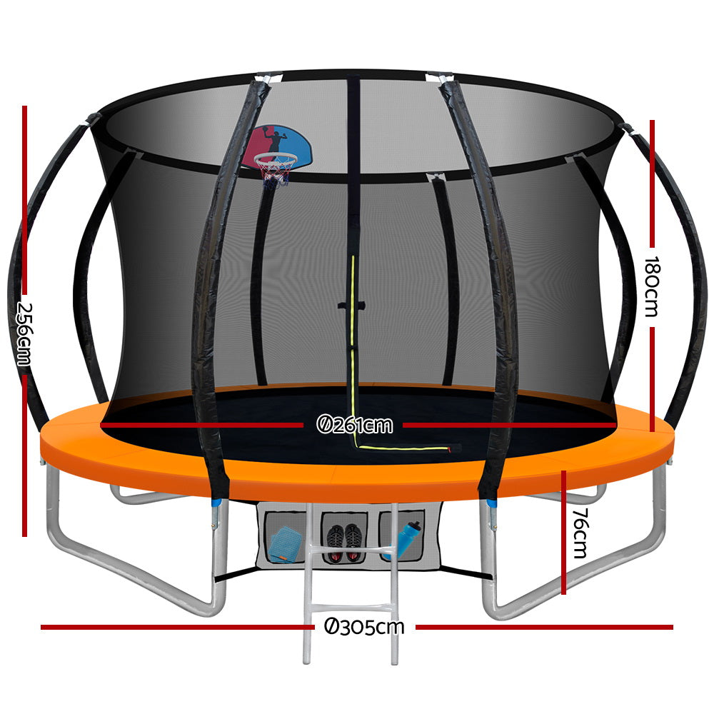 Kids Outdoor Round Trampoline with Basketball Hoop Enclosure Safety Net Pad 10FT - Orange