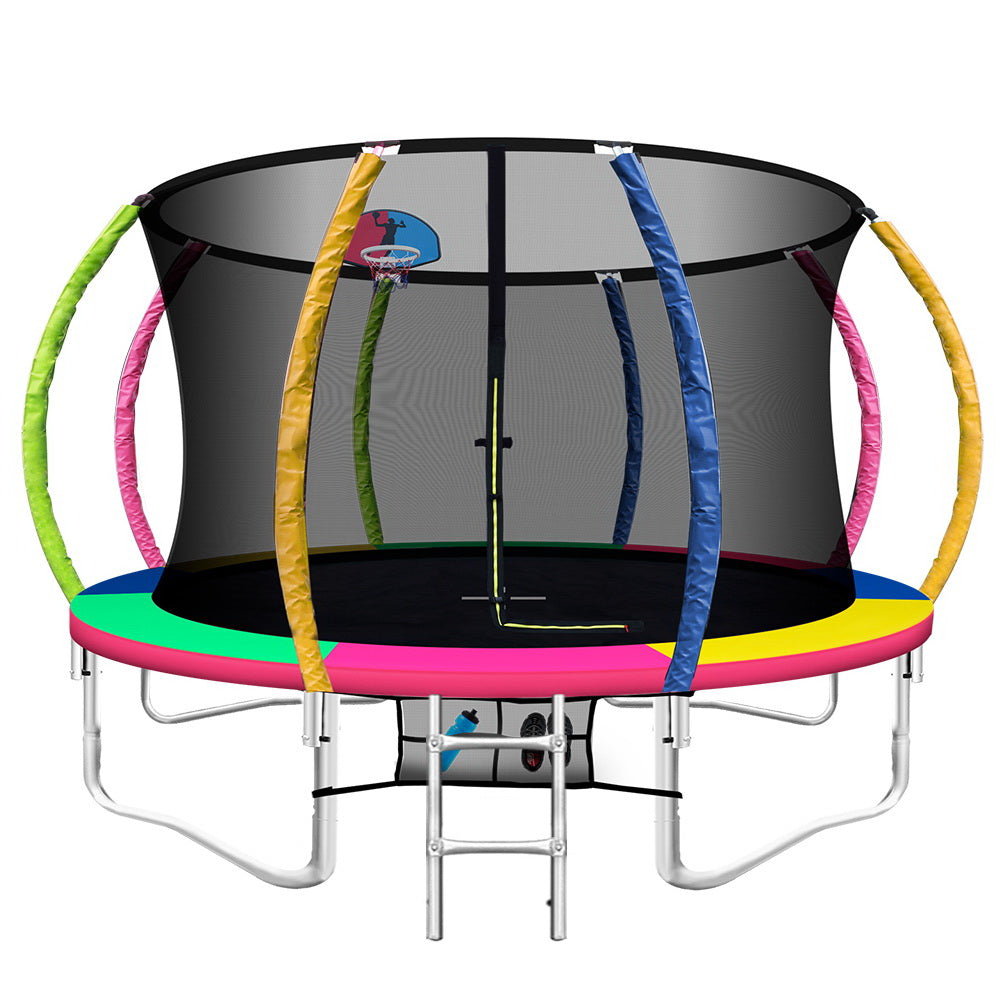 Kids Outdoor Round Trampoline with Basketball Hoop Enclosure Safety Net Pad 12FT - Multi Coloured