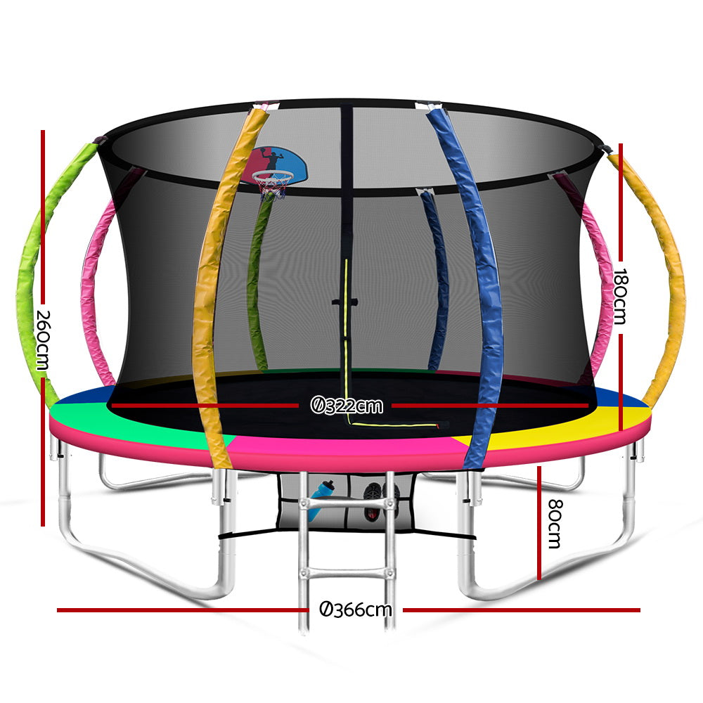 Kids Outdoor Round Trampoline with Basketball Hoop Enclosure Safety Net Pad 12FT - Multi Coloured