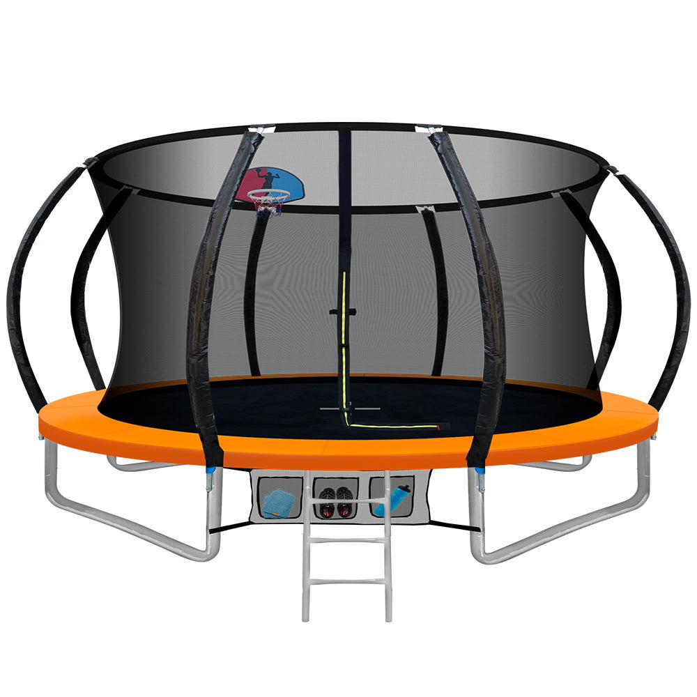 Kids Outdoor Round Trampoline with Basketball Hoop Enclosure Safety Net Pad 12FT - Orange