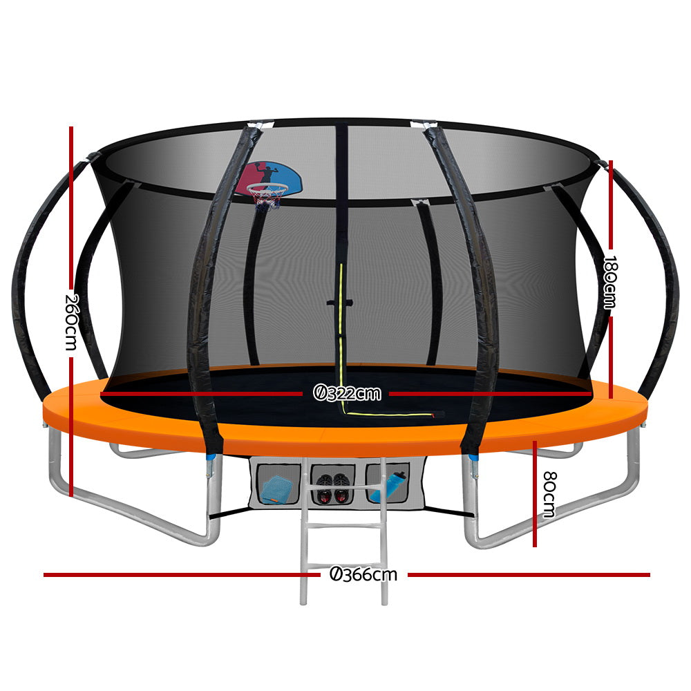 Kids Outdoor Round Trampoline with Basketball Hoop Enclosure Safety Net Pad 12FT - Orange