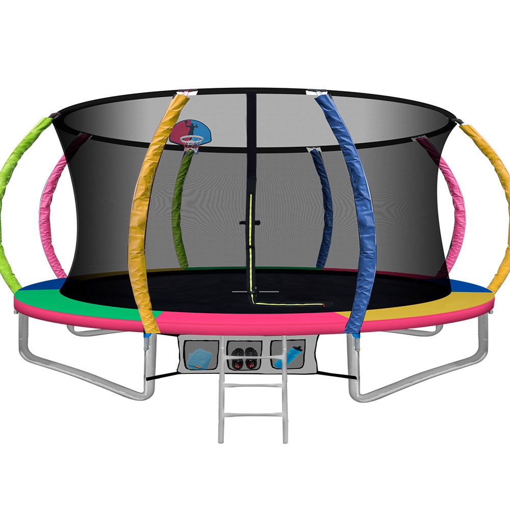 Kids Outdoor Round Trampoline with Basketball Hoop Enclosure Safety Net Pad 14FT - Multi Coloured