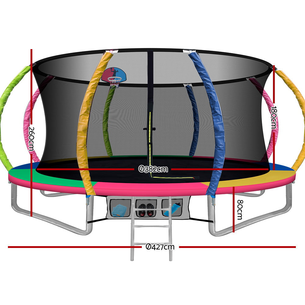 Kids Outdoor Round Trampoline with Basketball Hoop Enclosure Safety Net Pad 14FT - Multi Coloured
