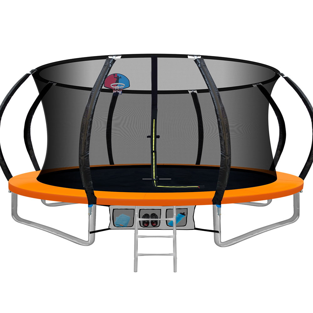 Kids Outdoor Round Trampoline with Basketball Hoop Enclosure Safety Net Pad 14FT - Orange