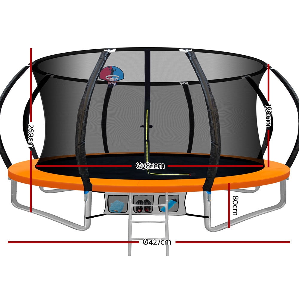 Kids Outdoor Round Trampoline with Basketball Hoop Enclosure Safety Net Pad 14FT - Orange
