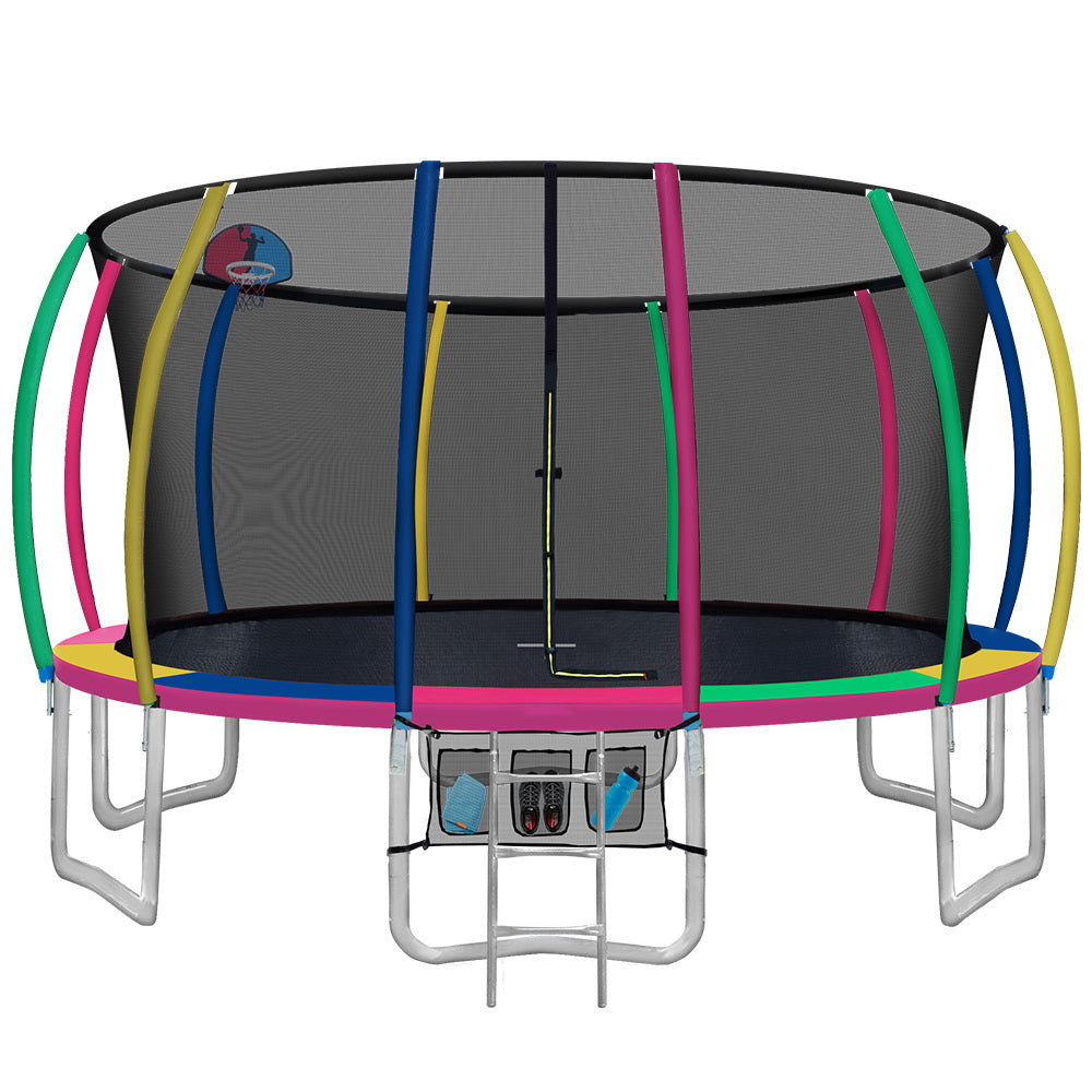 Kids Outdoor Round Trampoline with Basketball Hoop Enclosure Safety Net Pad 16FT - Multi Coloured