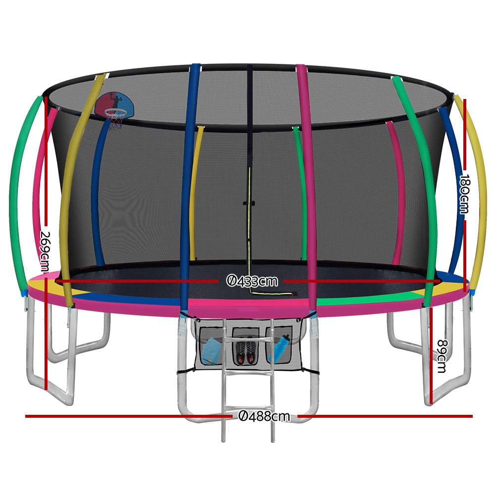Kids Outdoor Round Trampoline with Basketball Hoop Enclosure Safety Net Pad 16FT - Multi Coloured