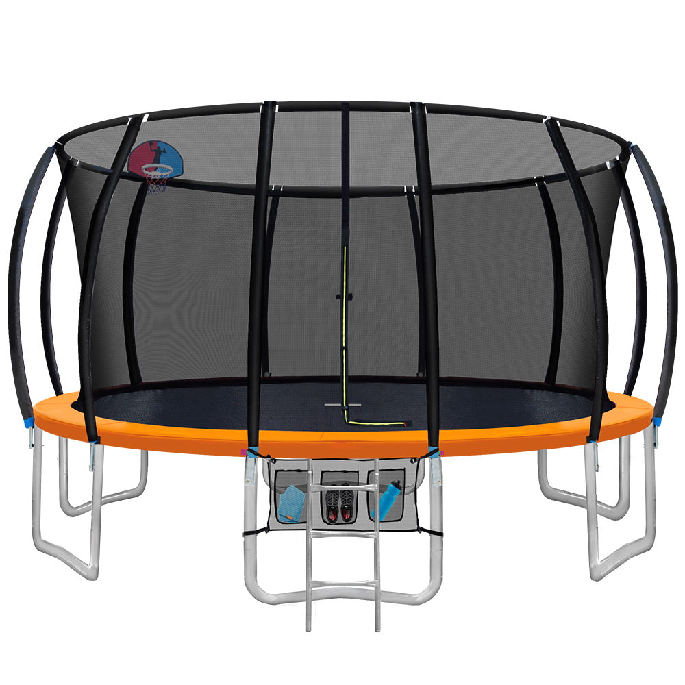 Kids Outdoor Round Trampoline with Basketball Hoop Enclosure Safety Net Pad 16FT - Orange
