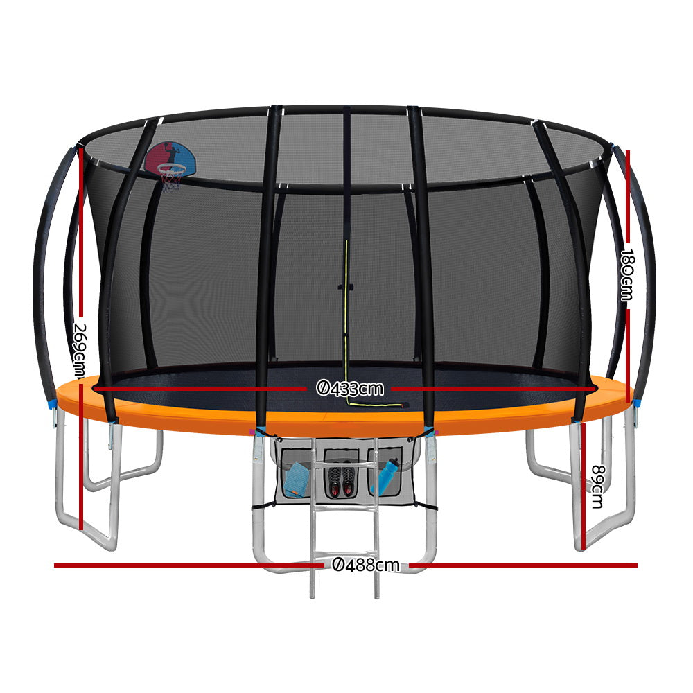 Kids Outdoor Round Trampoline with Basketball Hoop Enclosure Safety Net Pad 16FT - Orange