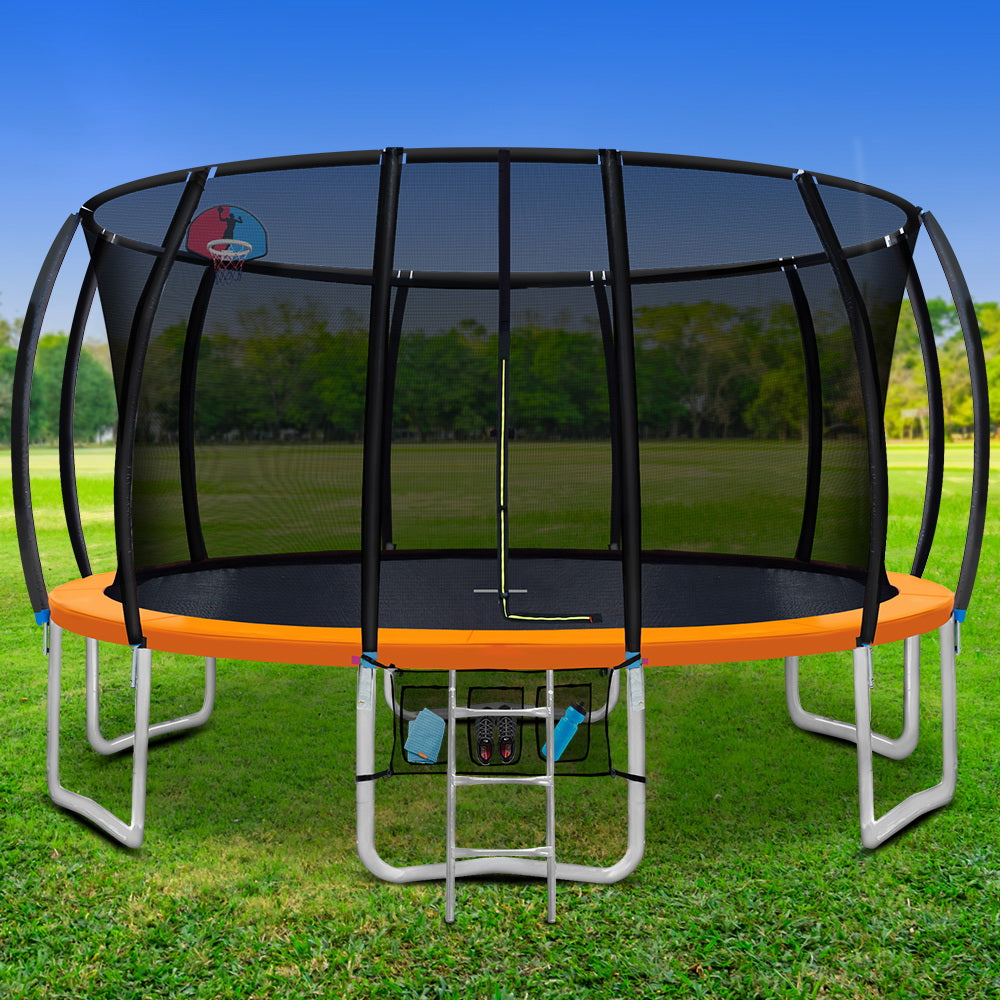 Kids Outdoor Round Trampoline with Basketball Hoop Enclosure Safety Net Pad 16FT - Orange