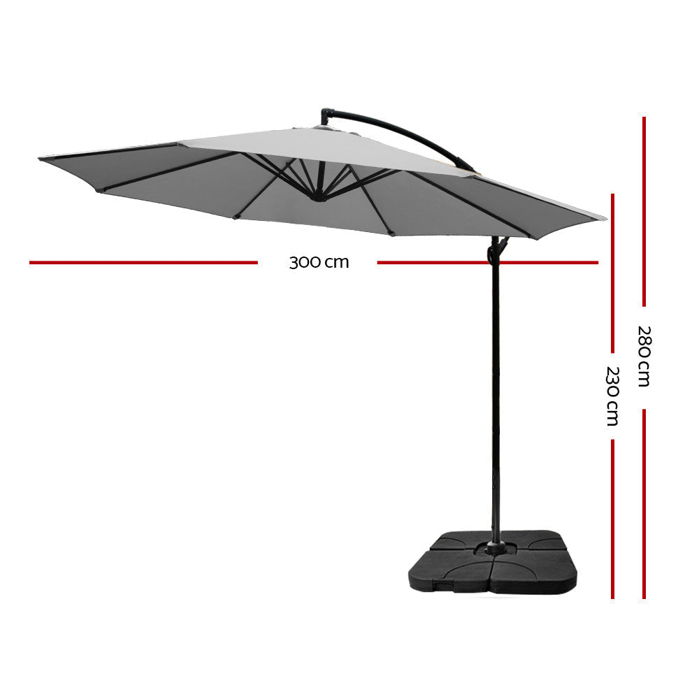 Garden Beach Sun Umbrella with Base UV Cantilever 3M - Grey