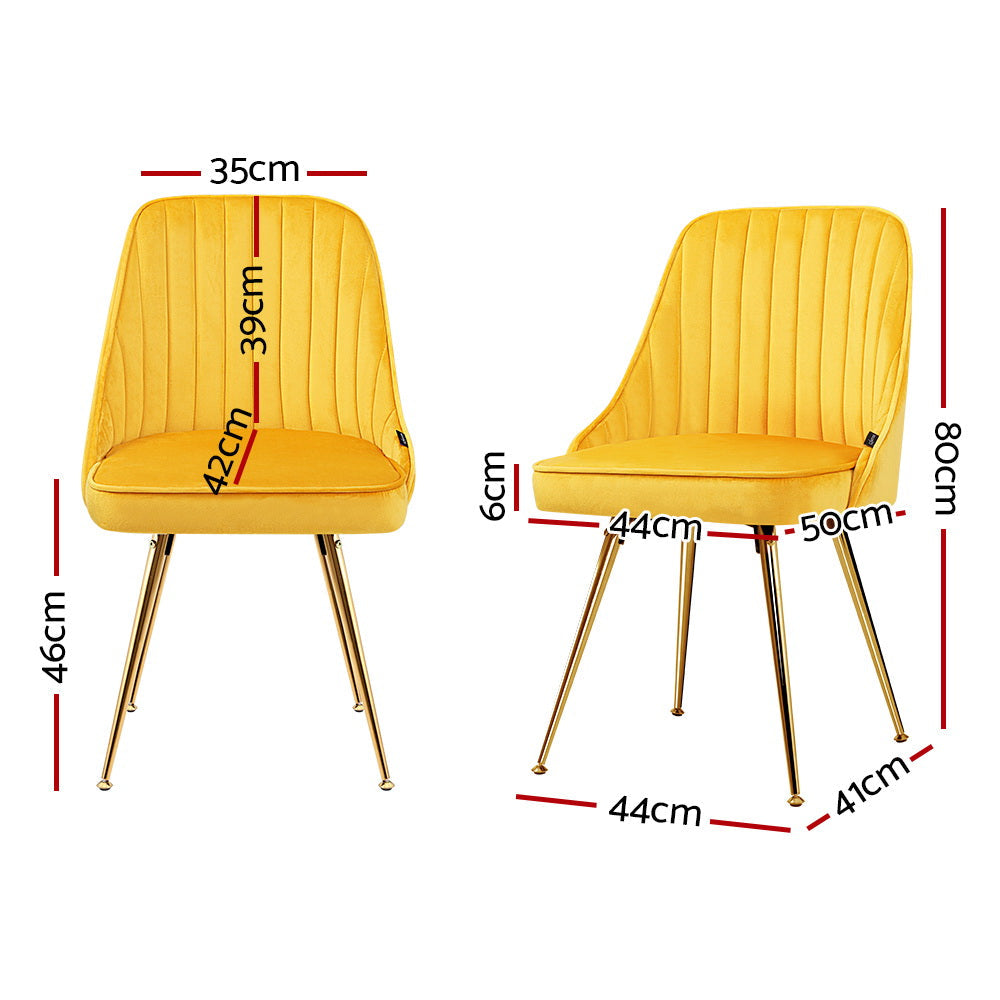 Set of 2 Dining Chairs Retro Chair Cafe Kitchen Modern Metal Legs Velvet Yellow
