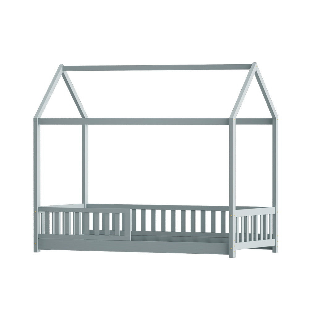 Wooden Bed Frame House Shape Pine Timber Base Single Size Platform Grey