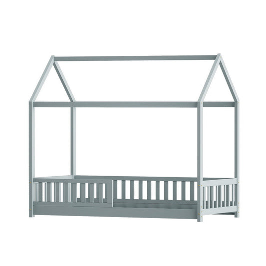Wooden Bed Frame House Shape Pine Timber Base Single Size Platform Grey
