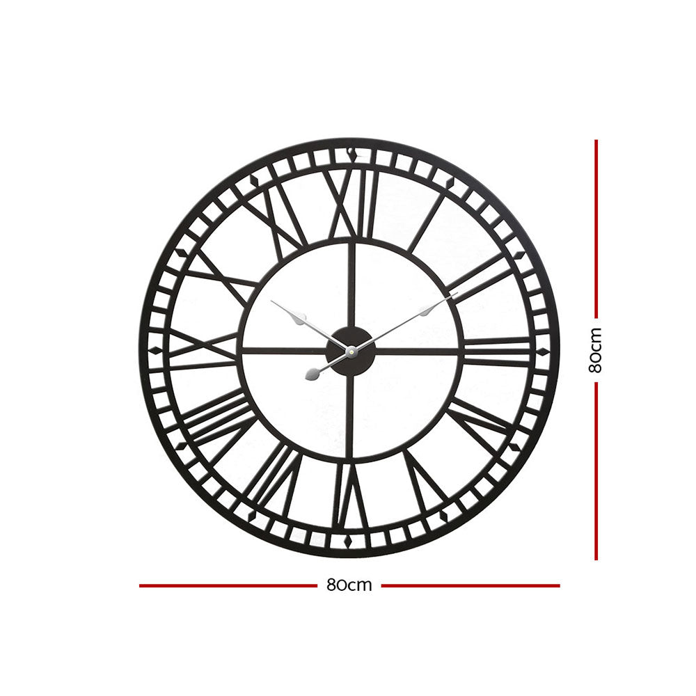 80CM Large Wall Clock Roman Numerals Round Metal Luxury Home Decor Black