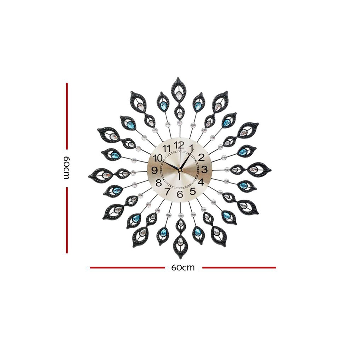 Peacock Wall Clock Large Crystal Luxury Round Wall Clocks - 60cm Black