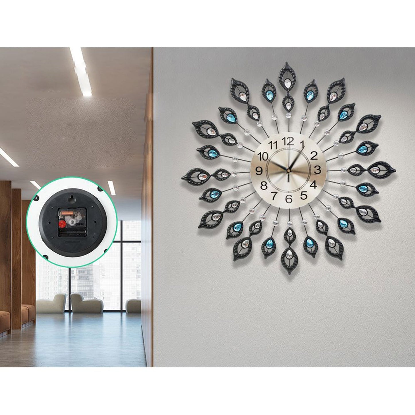 Peacock Wall Clock Large Crystal Luxury Round Wall Clocks - 60cm Black
