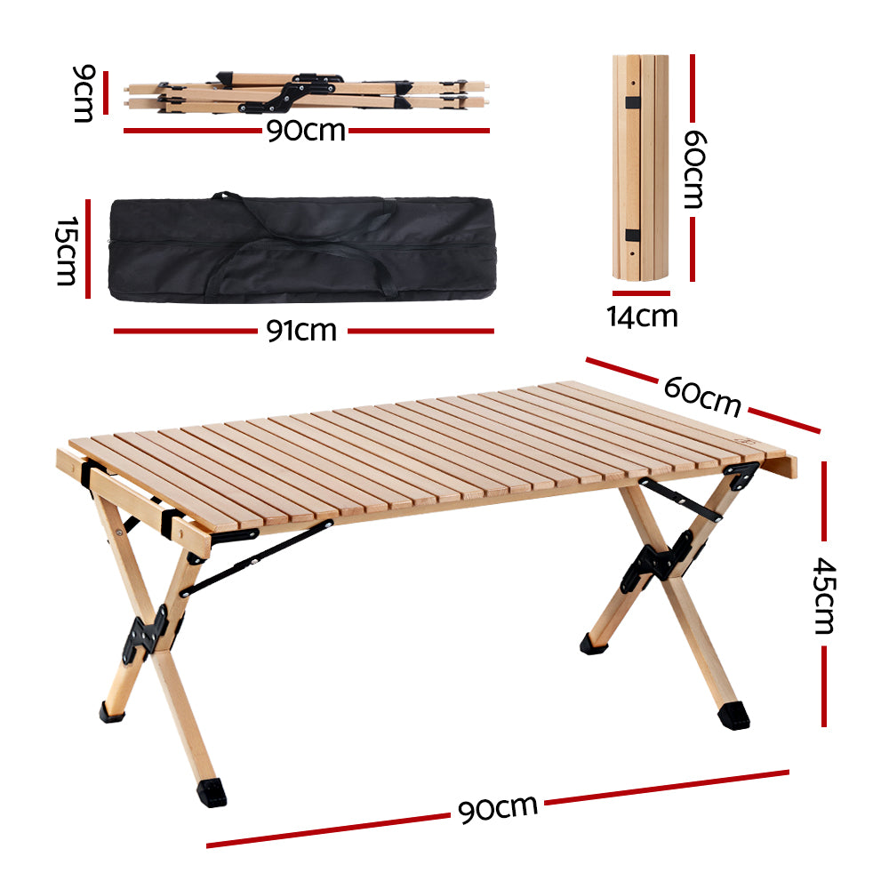 Outdoor Furniture Wooden Egg Roll Picnic Camping Table - 90cm