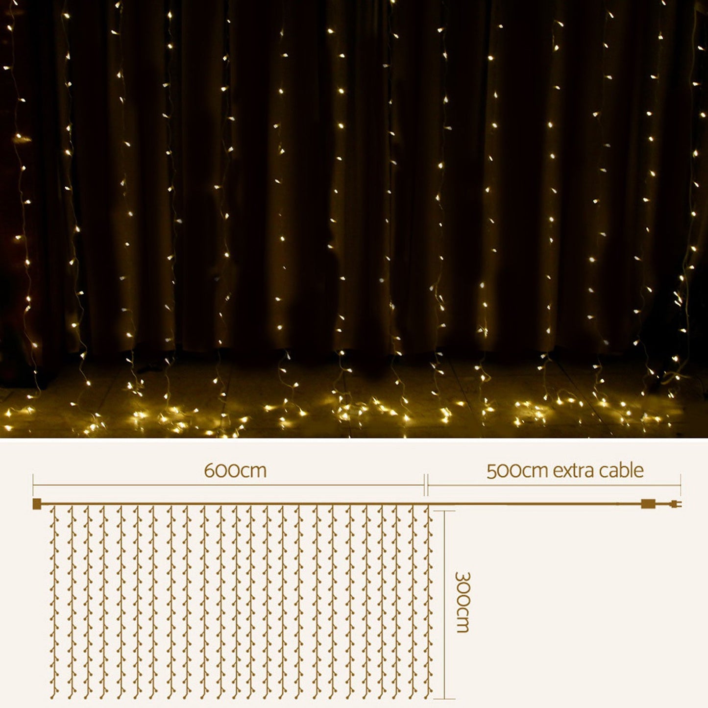 600 LED Curtain Lights - 6x3M Warm White