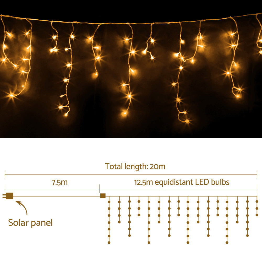 Solar Christmas Icicle Lights Outdoor Xmas Party Warm White 500 LED - 20m