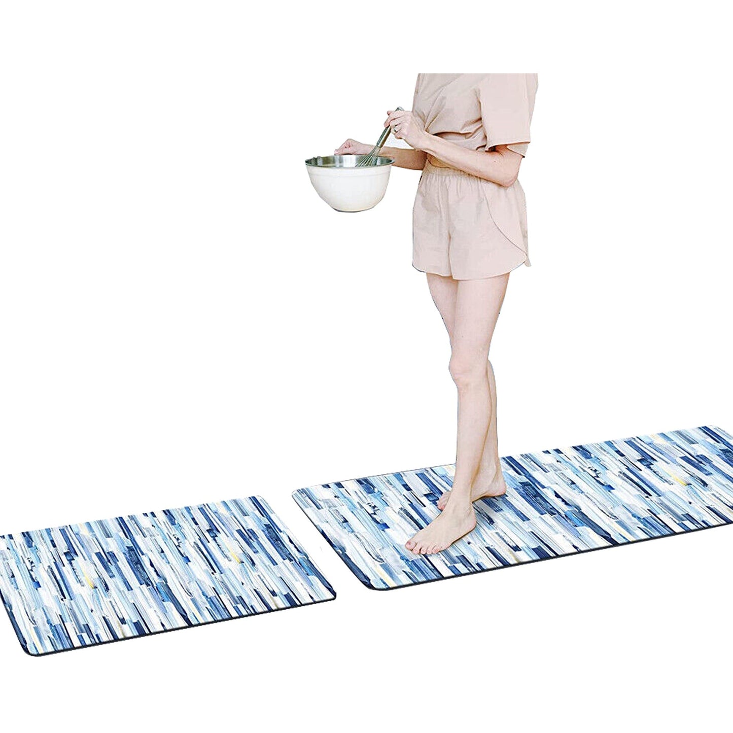 Blue Stripe Pattern Comfort Kitchen Mat Set with Rubber Back