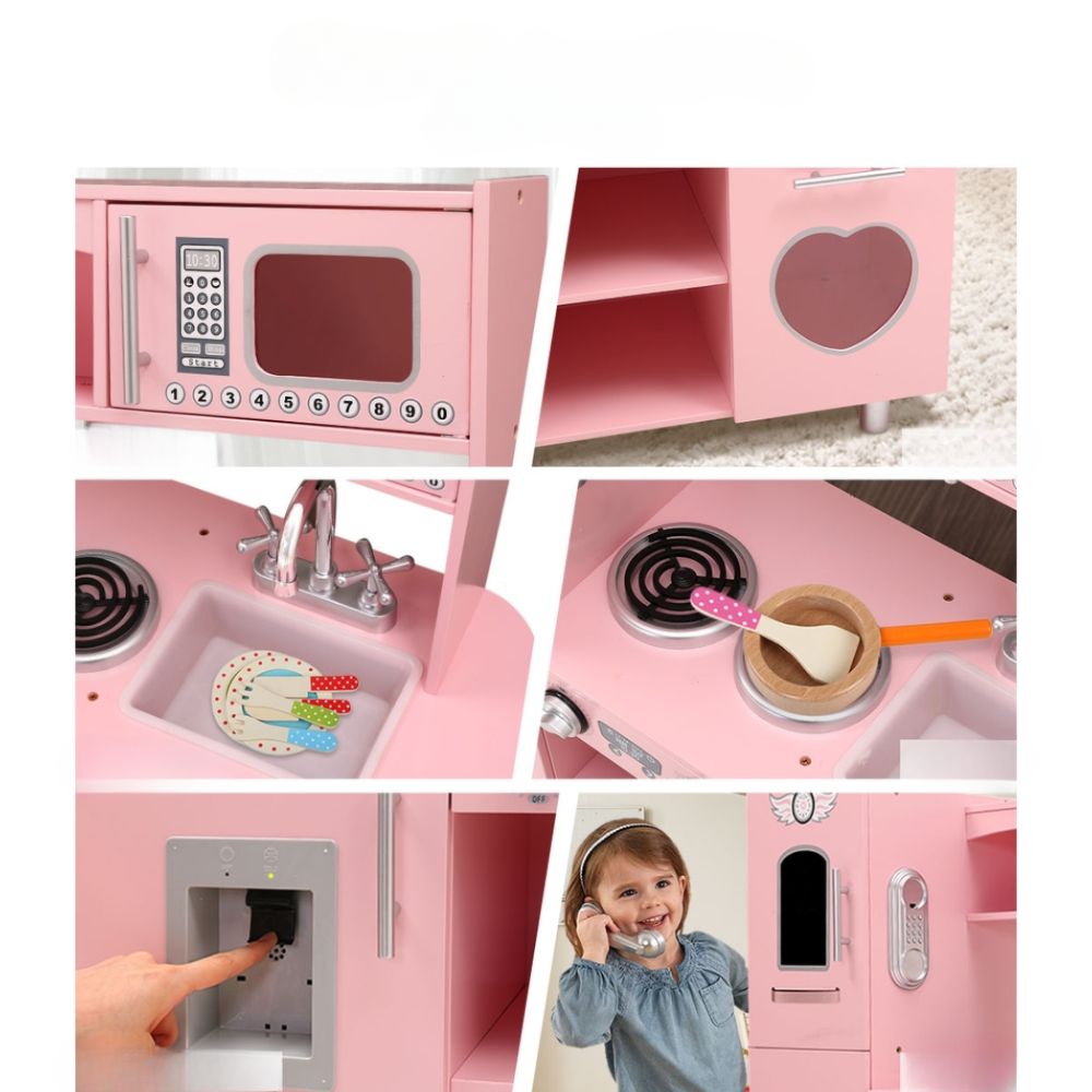 Kids Wooden Kitchen Pretend Play Cooking Toys  Set - Pink