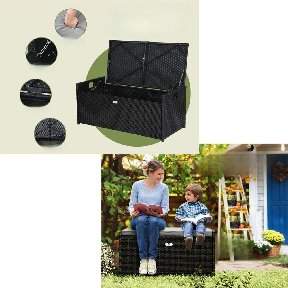 Storage Bench Box Garden Sheds Cushion Patio Tool Outdoor Chair - Black