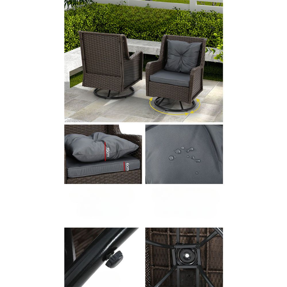 Outdoor Patio Furniture Swivel Chair Table Bistro Lounge Set - 3pcs