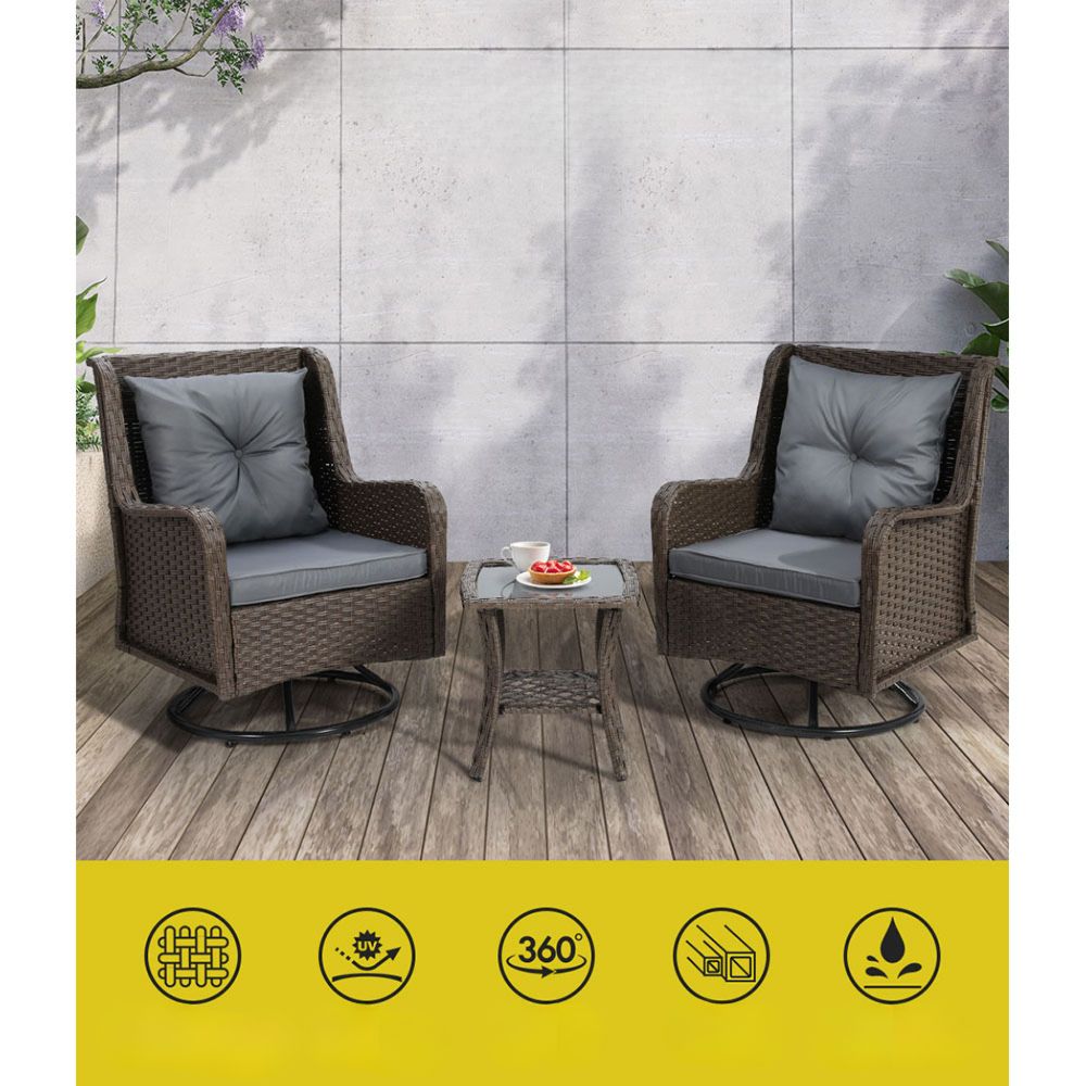 Outdoor Patio Furniture Swivel Chair Table Bistro Lounge Set - 3pcs