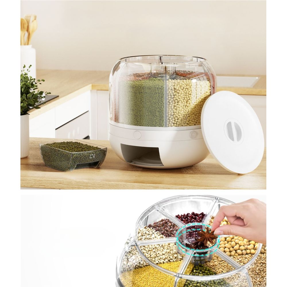 6-In-1 Cereal Dispenser Rotating Grain Container 10KG Rice Storage Dry Food Box