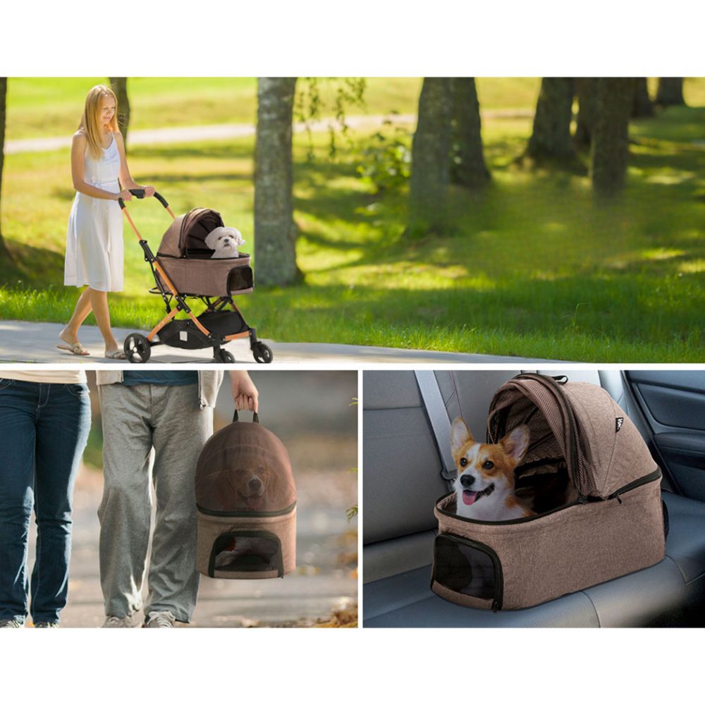Pet Stroller Dog Large Cat Carrier Travel Foldable 4 Wheels - Brown