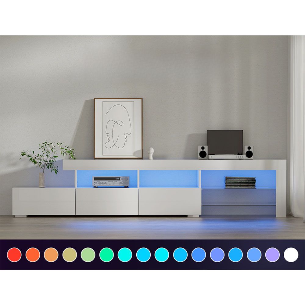 TV Cabinet Entertainment Unit Stand RGB LED Gloss Furniture 215cm White