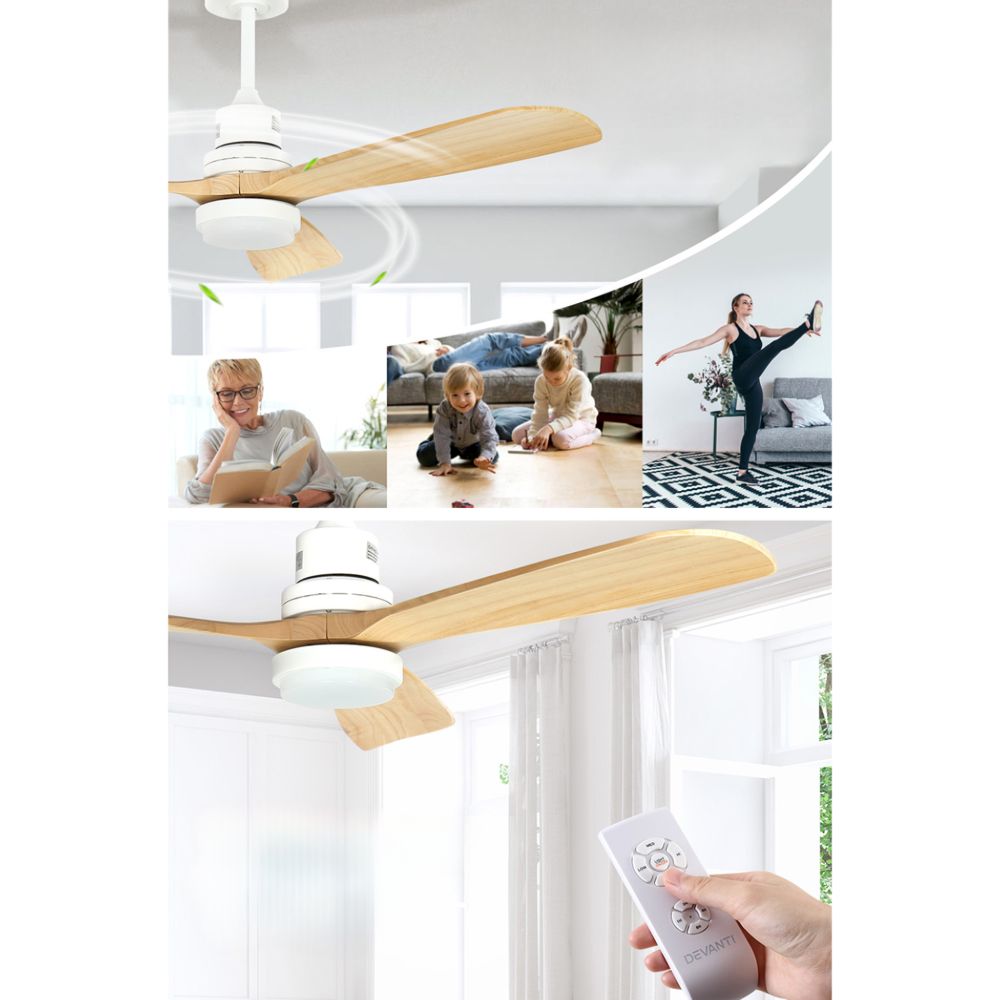 52'' Ceiling Fan LED Light Remote Control Wooden Blades Timer Fans