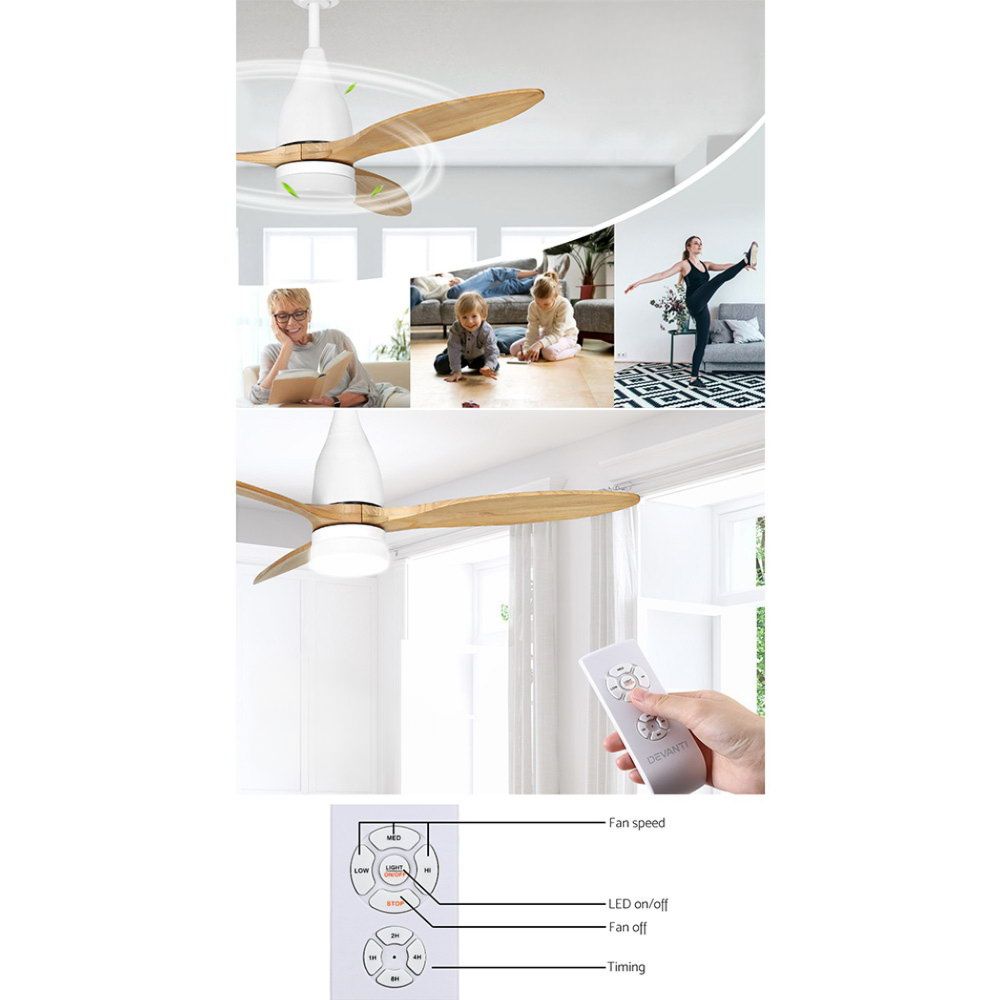 52'' Ceiling Fan LED Light Remote Control Wooden Blades Timer 1300mm