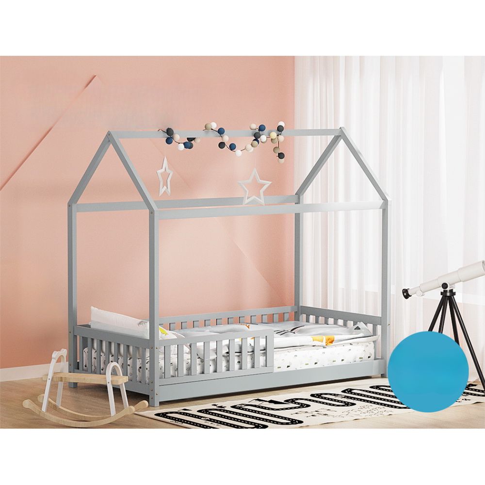 Wooden Bed Frame House Shape Pine Timber Base Single Size Platform Grey