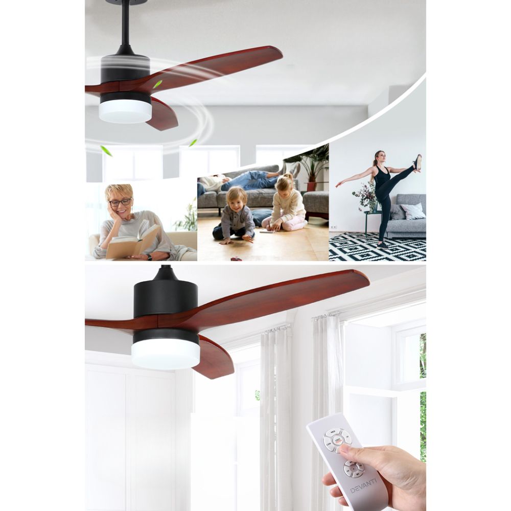 52'' Ceiling Fan LED Light Remote Control Wooden Blades Dark Wood Fans