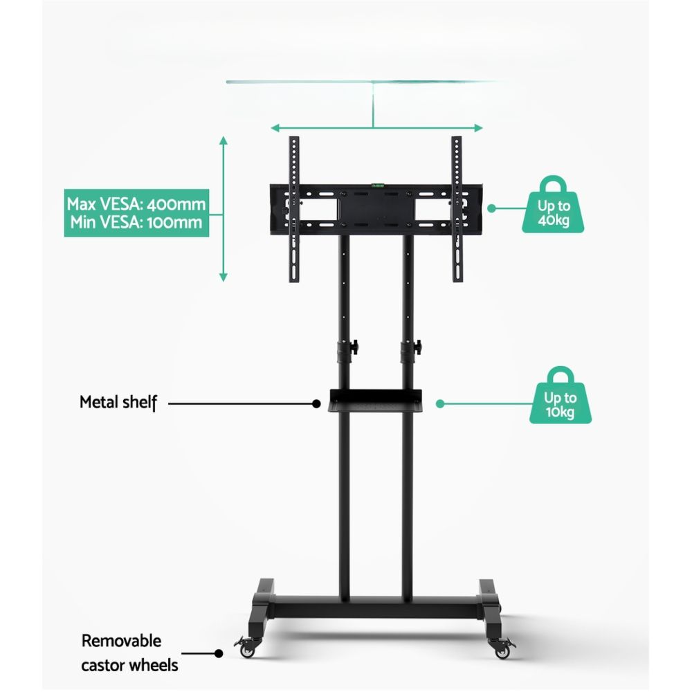 Steel Mobile TV Stand Cart Height-adjust up to 65" screens 40kg