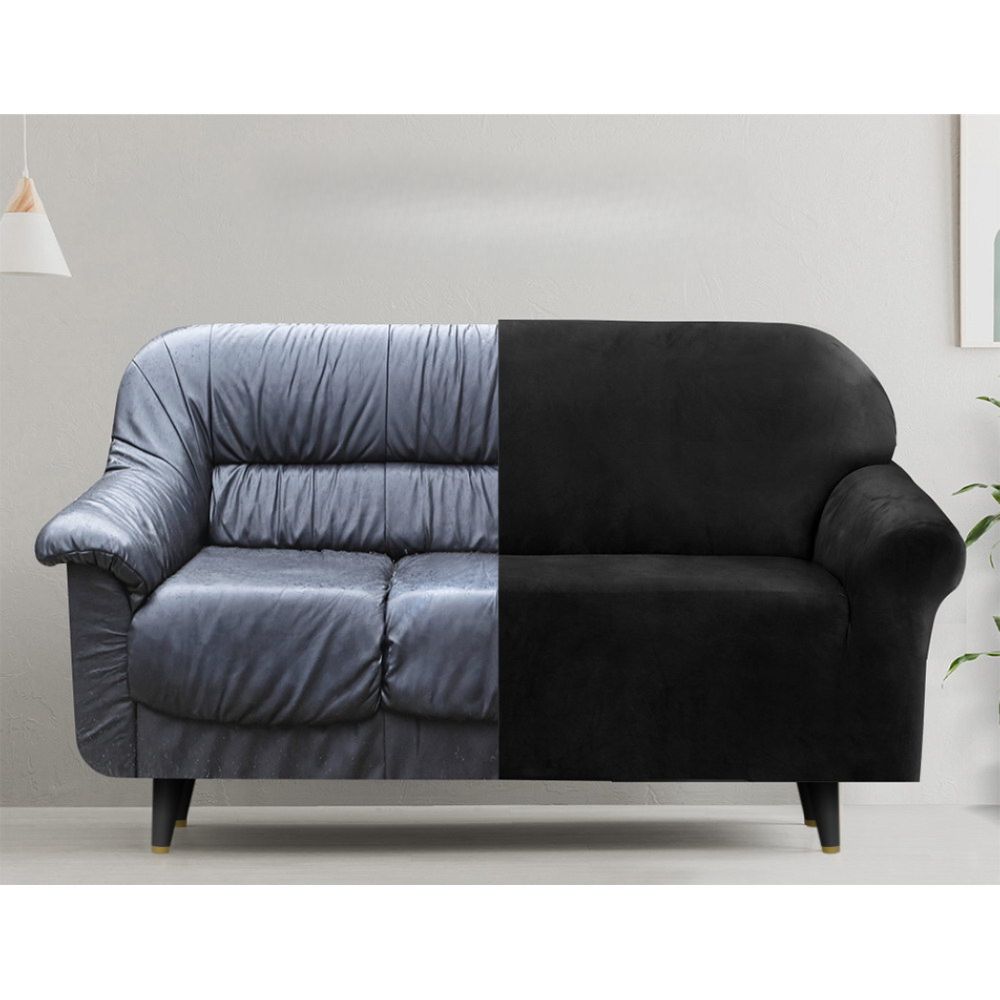 Velvet Sofa Cover Plush Couch Cover Lounge Slipcover 4 Seater Black
