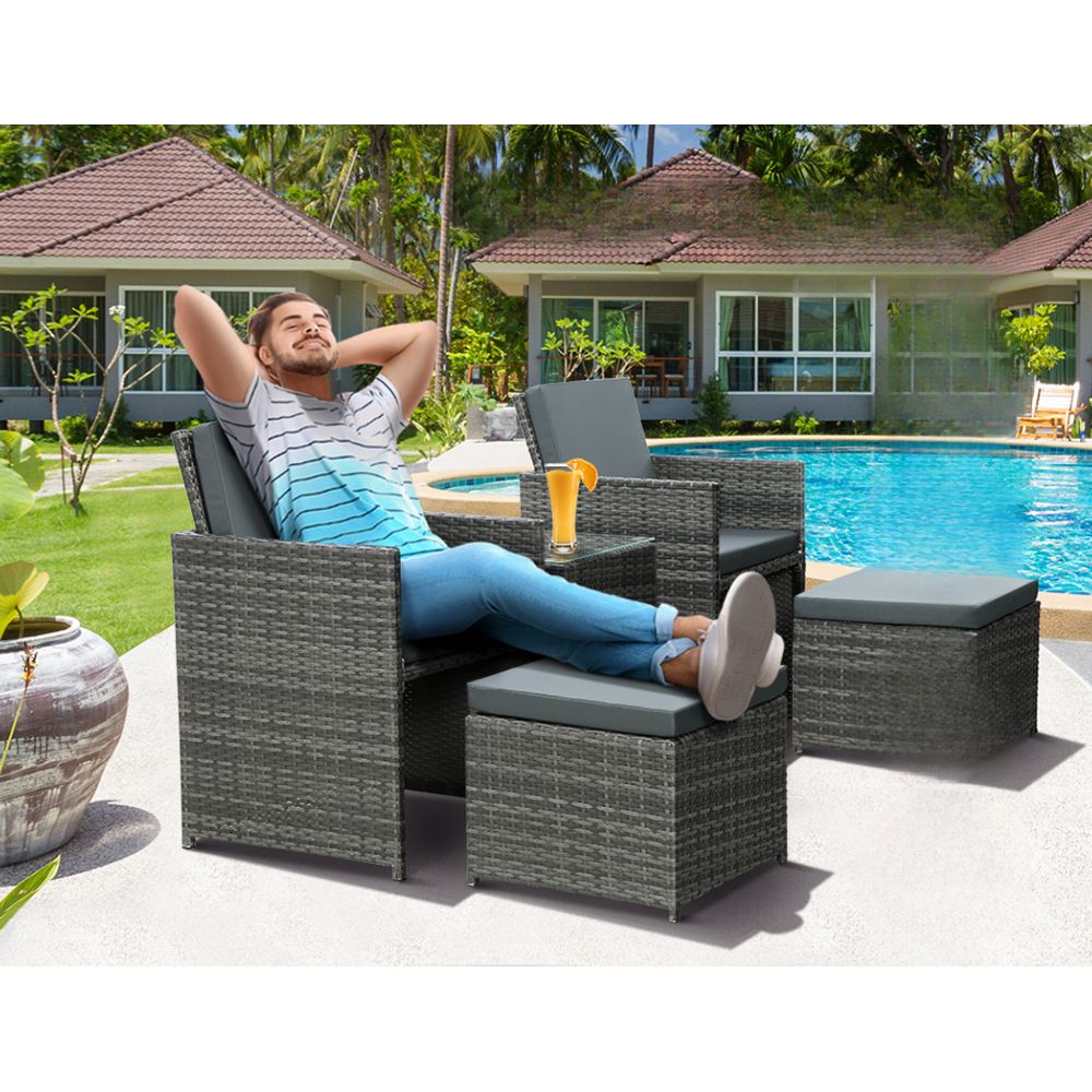 Garden Outdoor Recliner Chairs Patio Sofa Lounge Furniture Set - Black