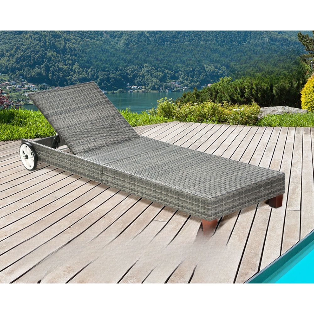 Sun Lounge Bed Wheel Patio Outdoor Furniture Setting - Black