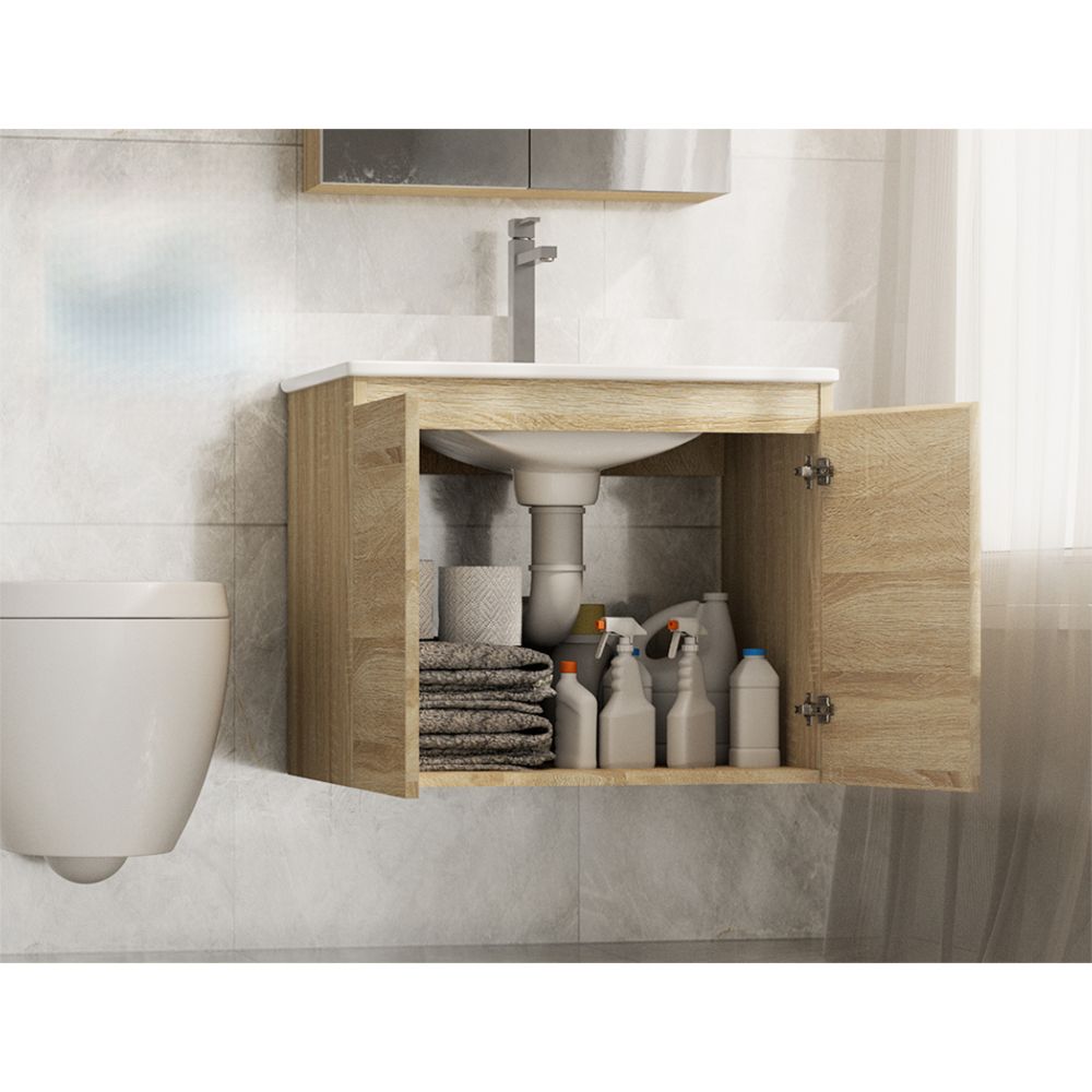 Vanity Unit Basin Cabinet Storage Bathroom Wall Mounted Ceramic 600mm Oak