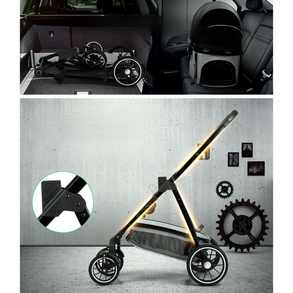 Pet Stroller Dog Large Cat Carrier Travel Foldable 4 Wheels - Grey