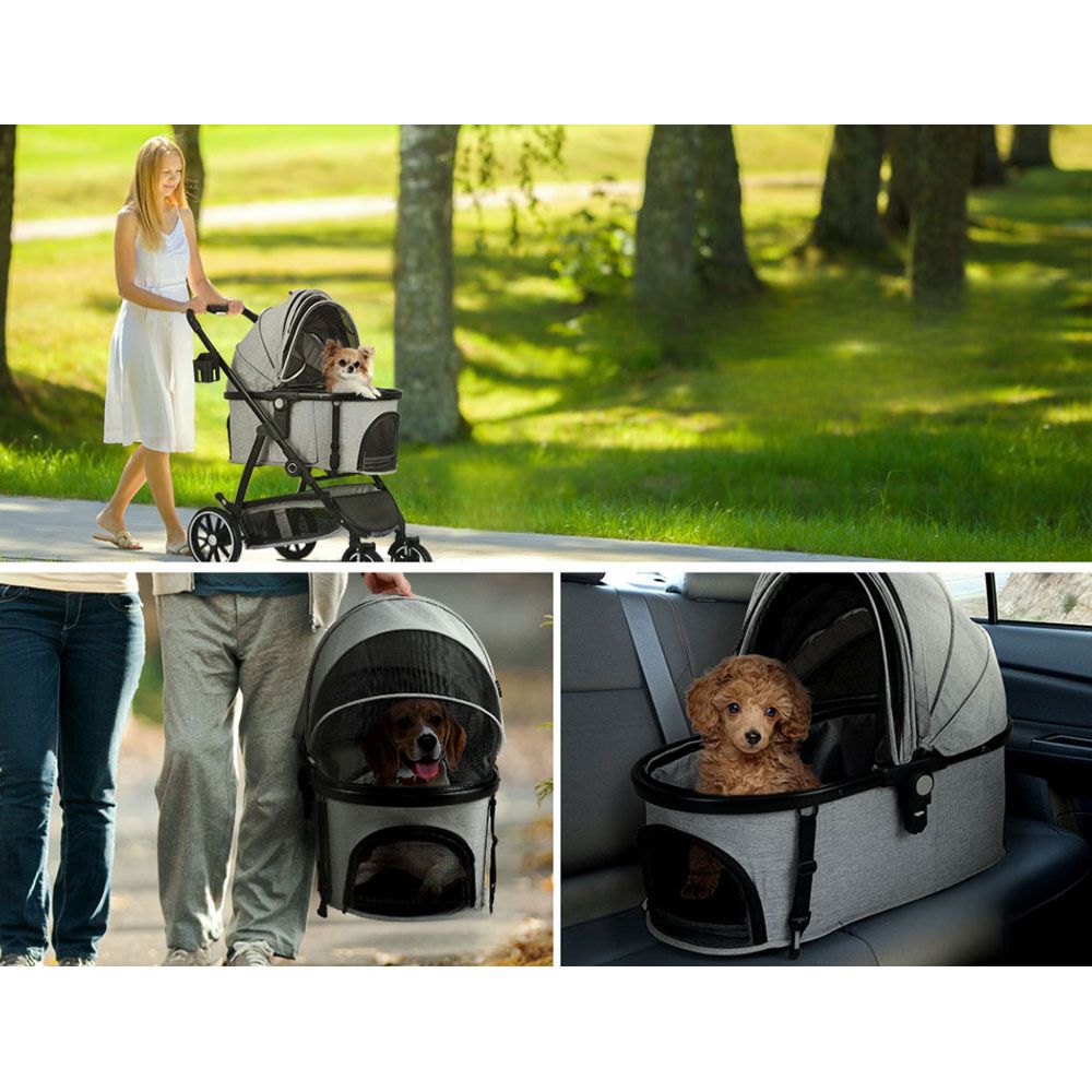 Pet Stroller Dog Large Cat Carrier Travel Foldable 4 Wheels - Grey