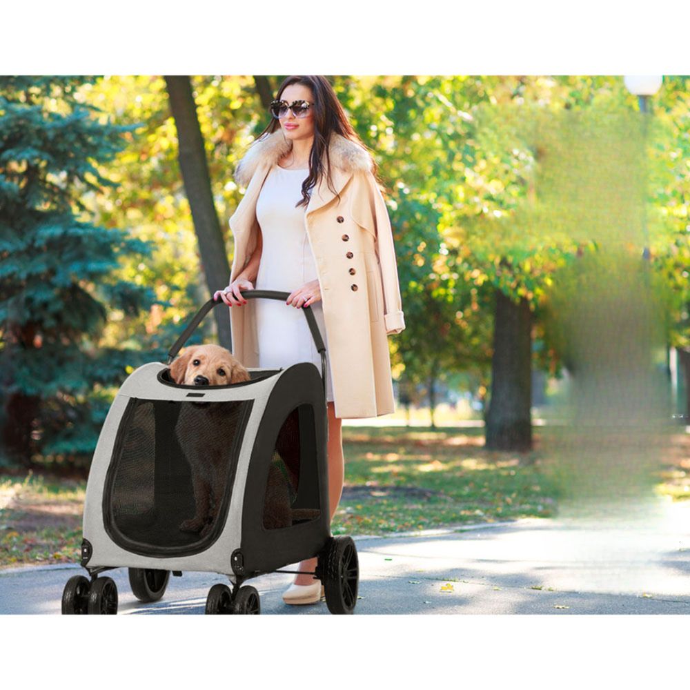 Pet Stroller Dog Large Cat Carrier Travel Foldable 4 Double Wheels - Blue