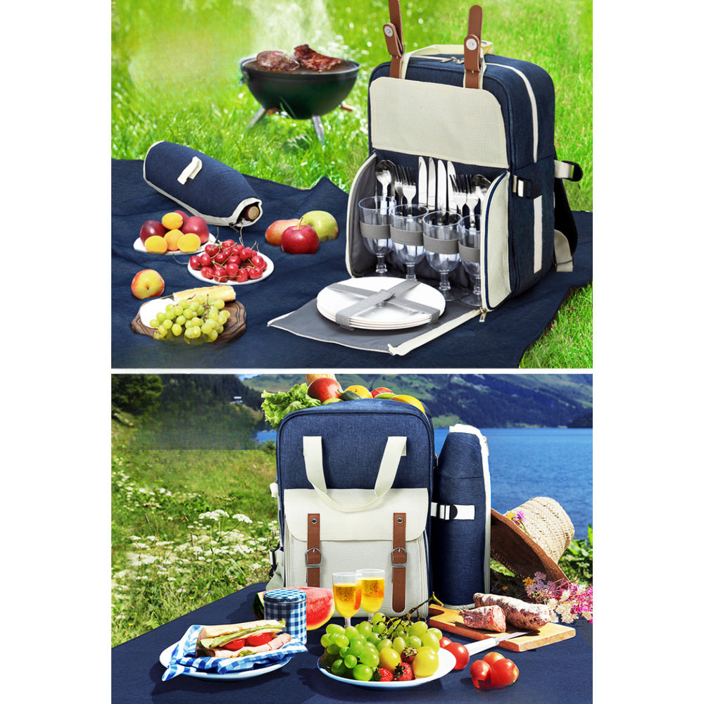 Picnic Basket Backpack Set Cooler Bag 4 Person Outdoor Liquor Blue