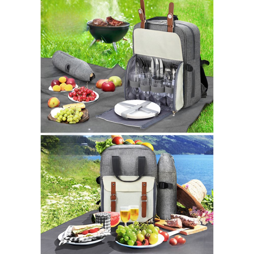 Picnic Basket Backpack Set Cooler Bag 4 Person Outdoor Insulated Liquor