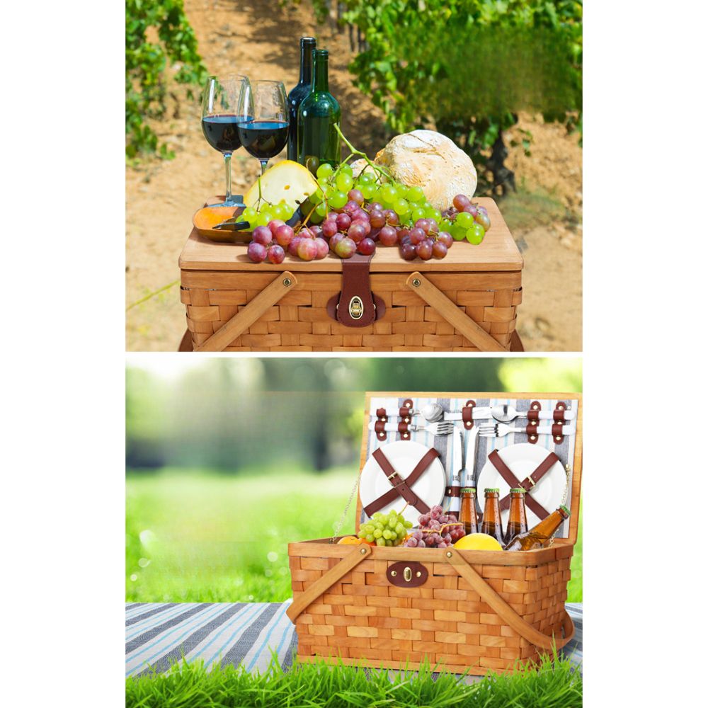Picnic Basket Set Wooden Cooler Bag 4 Person Outdoor Insulated Liquor